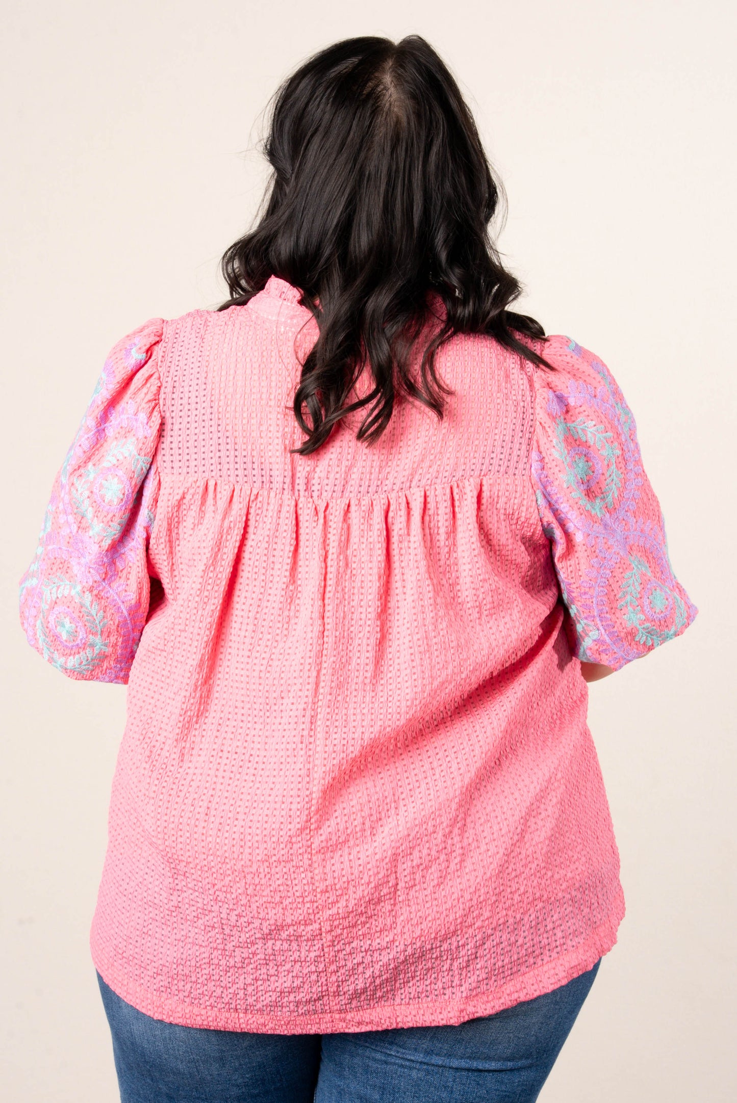 Seersucker Embroidered Sleeve Top
