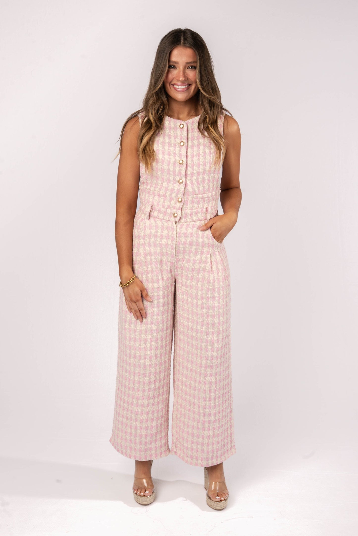 Tweed Plaid Sleeveless Button Detail Jumpsuit *Final Sale*