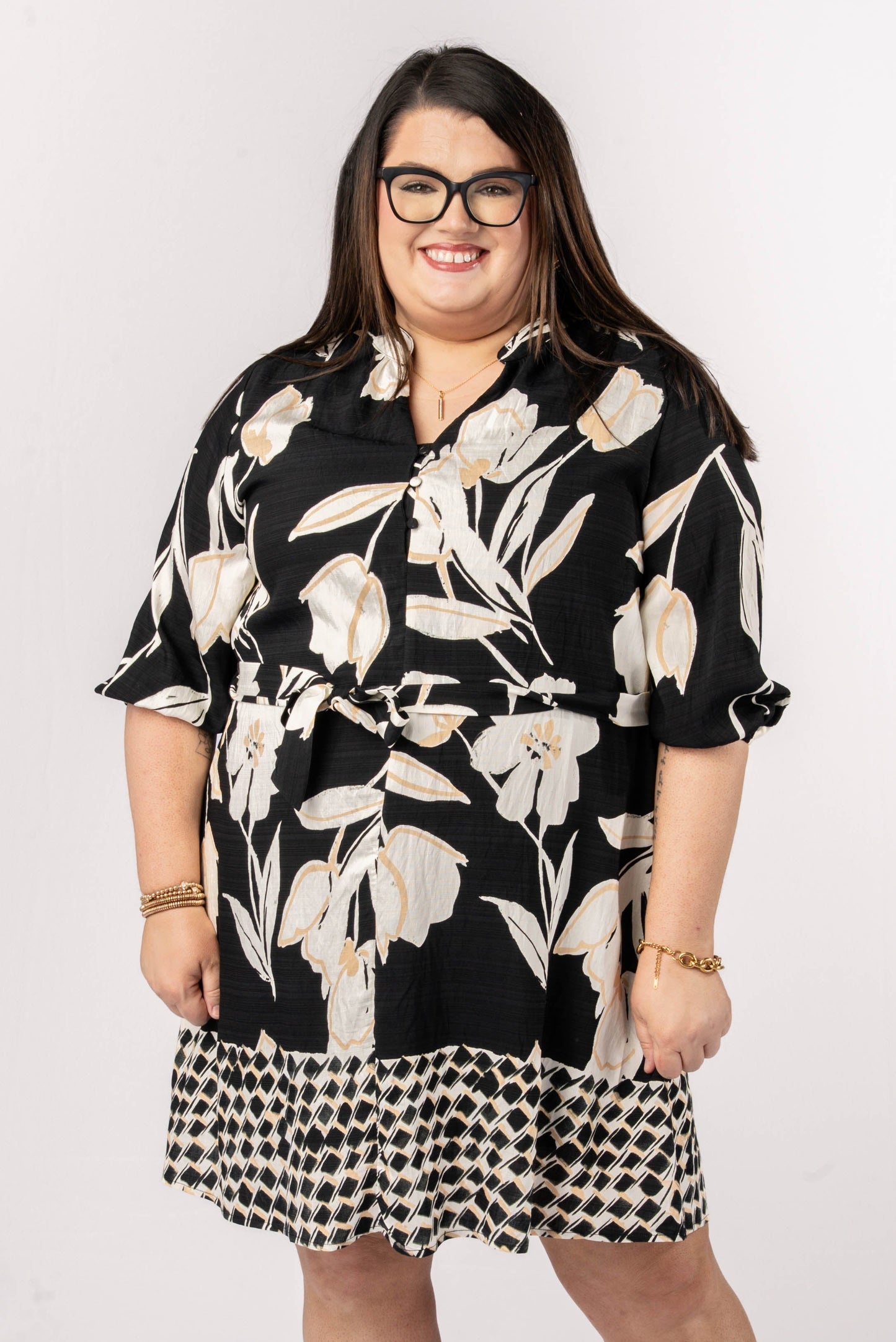 Floral Border Print Belted Dress