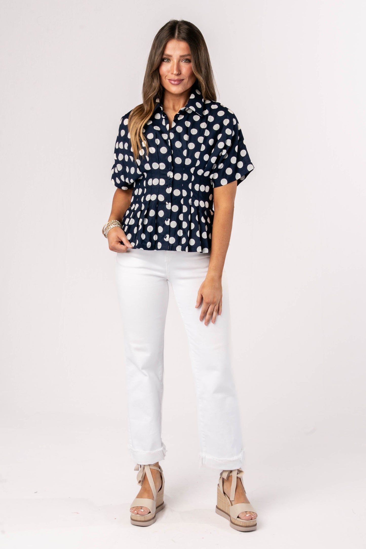 Polka Dot Pleated Waist Blouse