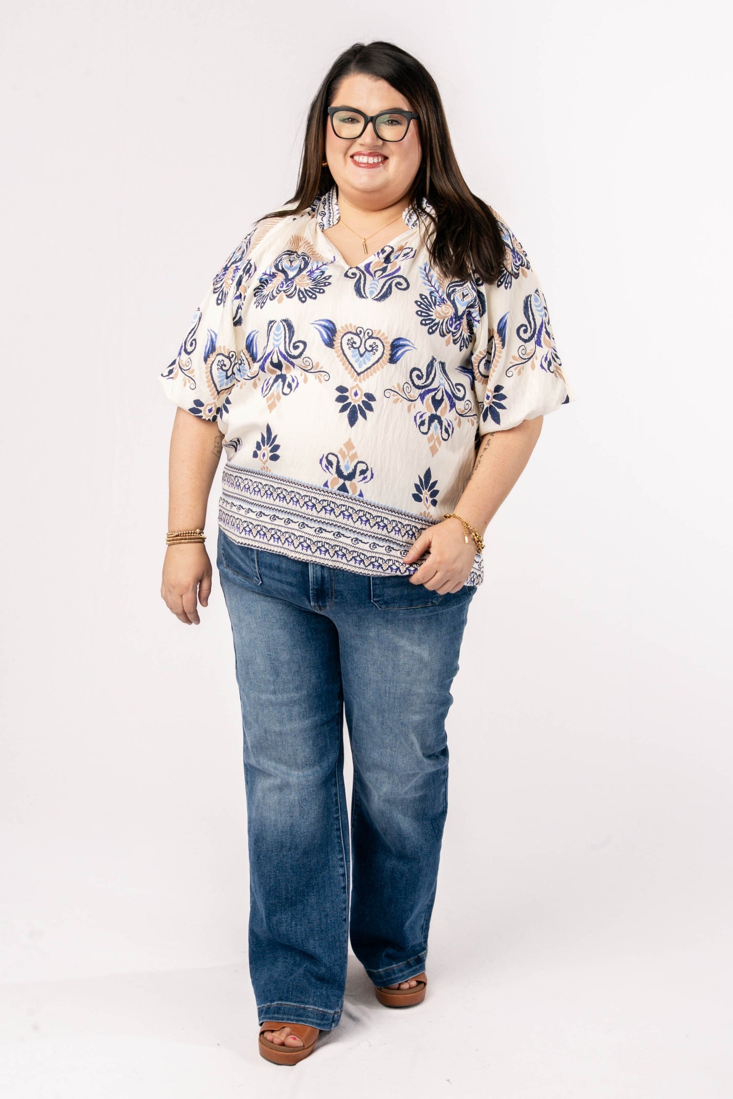 Mixed Print Stand Collar Blouse