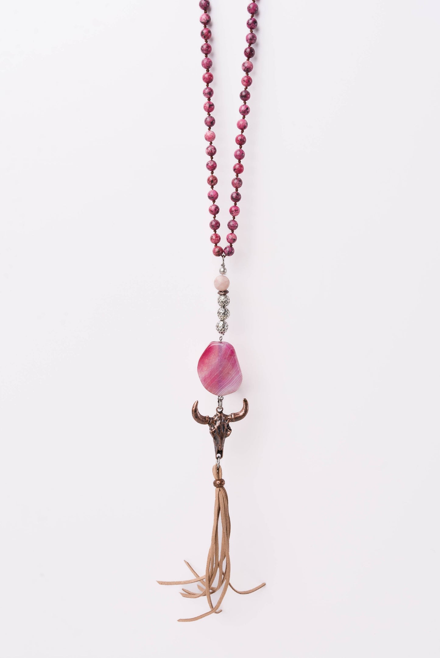 Stone Bead + Leather Steer Head Pendant Necklace