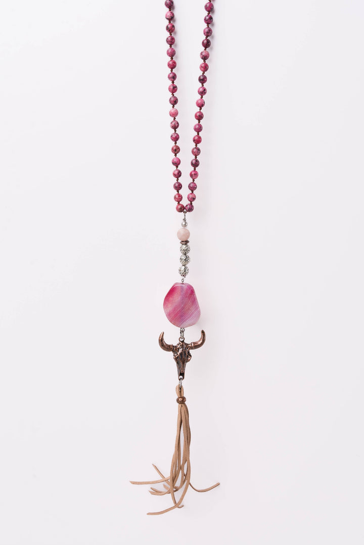Stone Bead + Leather Steer Head Pendant Necklace
