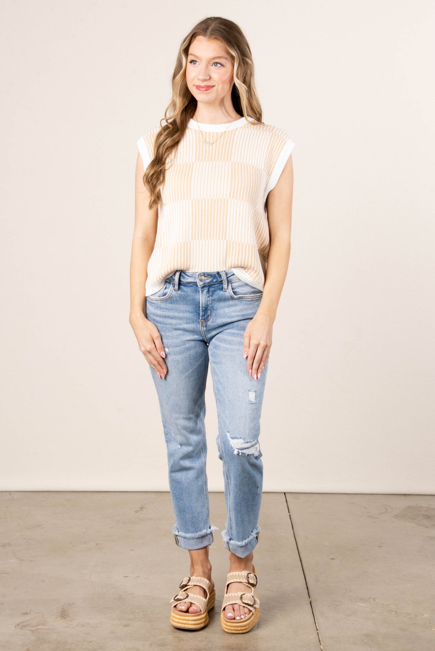 Checkered Stripe Cap Sleeve Sweater