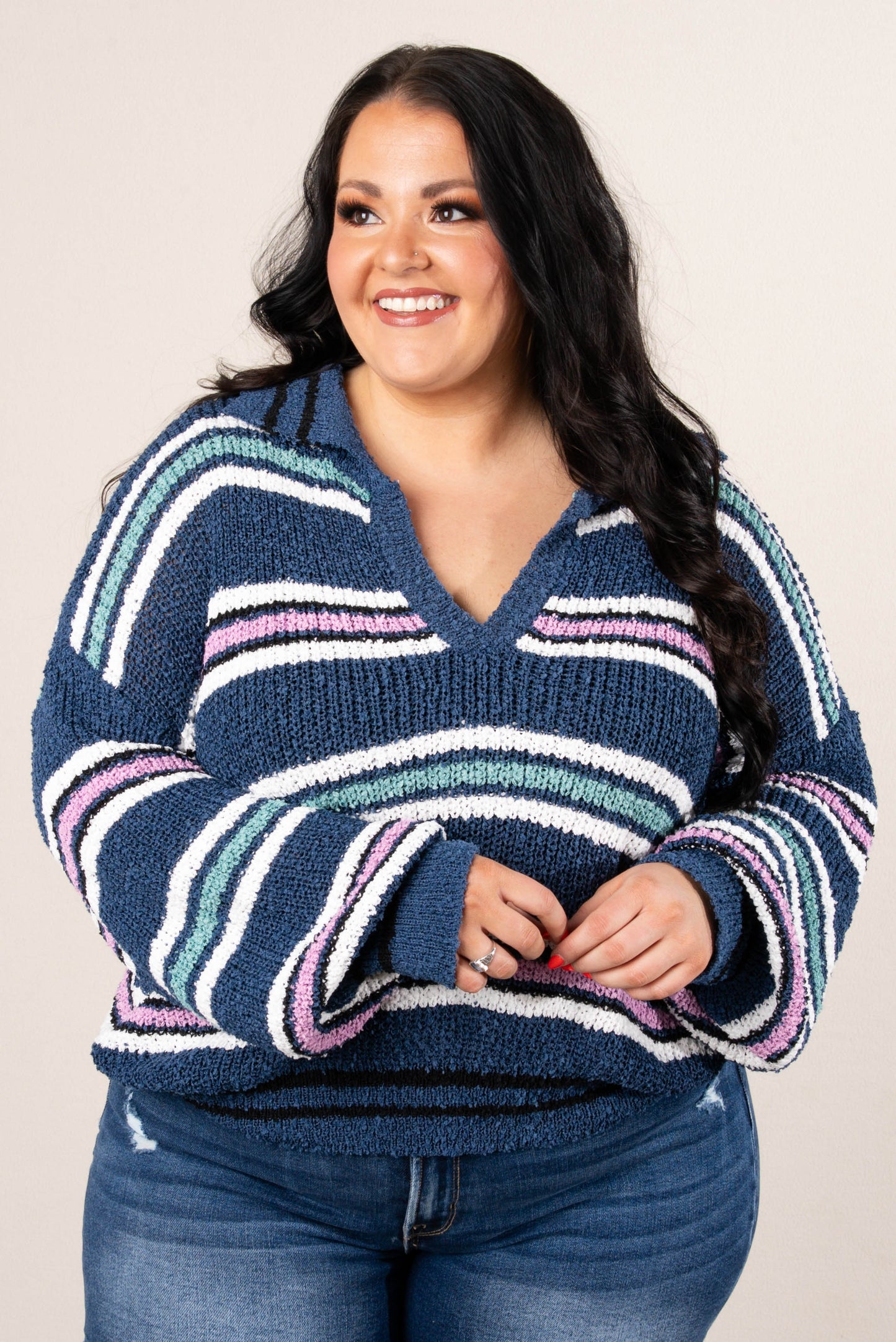 Striped Knit Collared Sweater