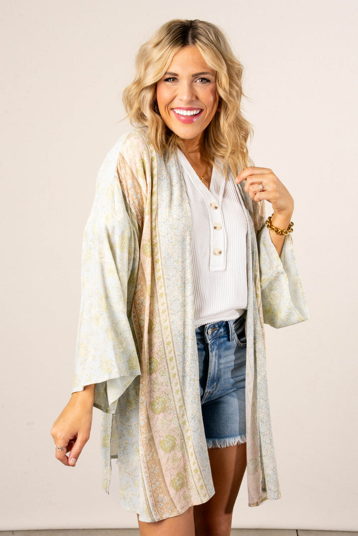 Floral Border Print Kimono