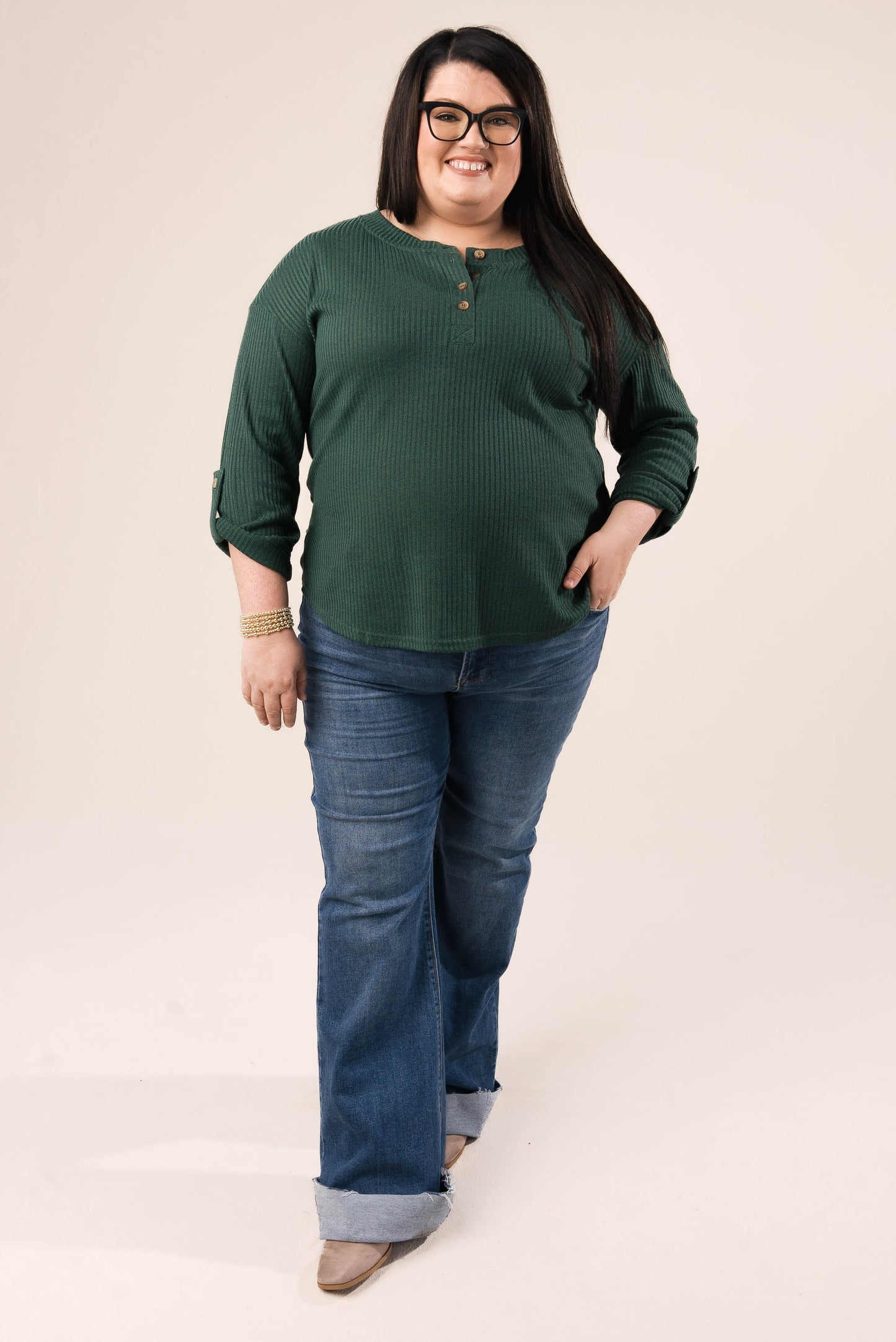 Ribbed Tab Sleeve Henley Top