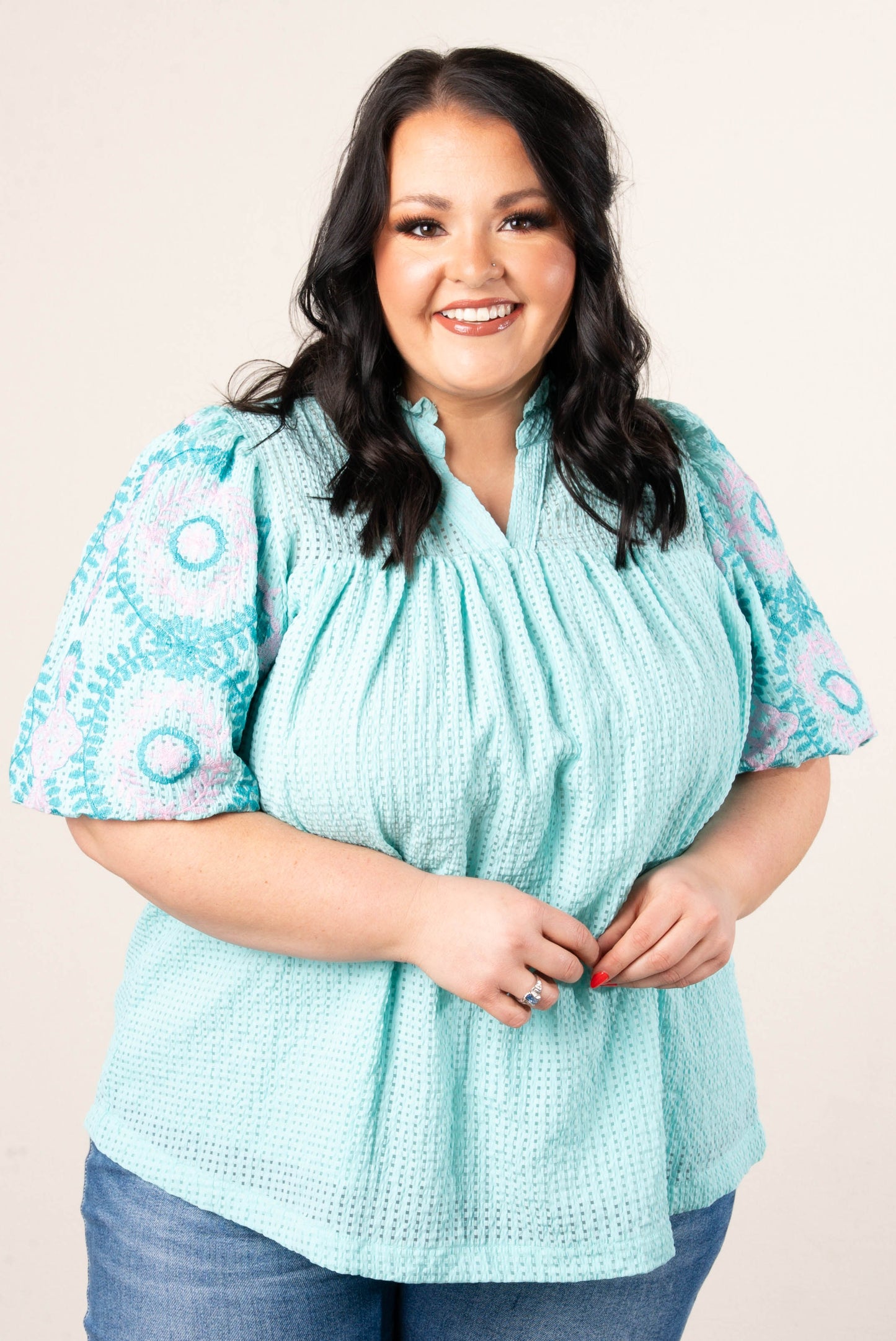 Seersucker Embroidered Sleeve Top