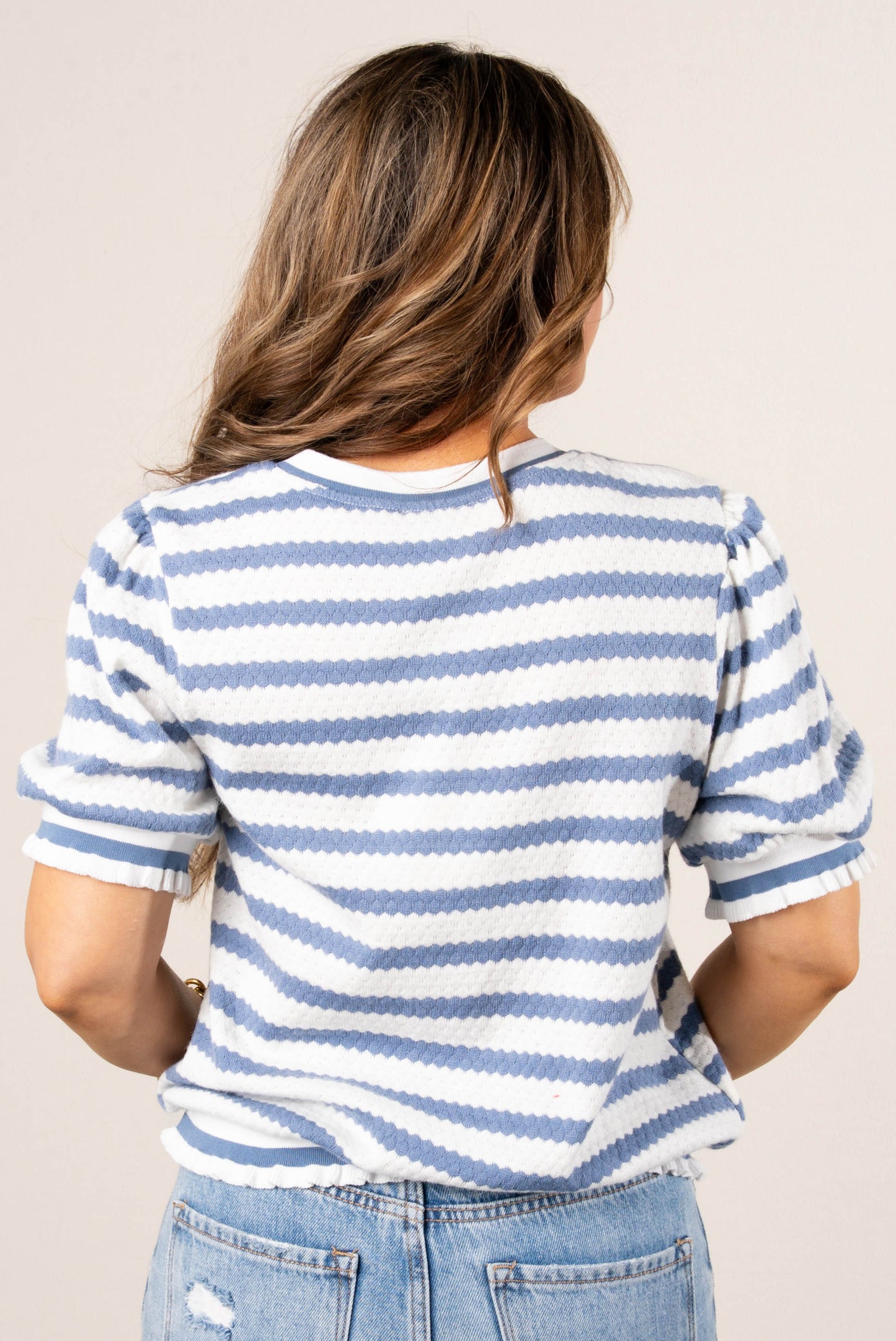 Textured Stripe Ruffle Trim Top
