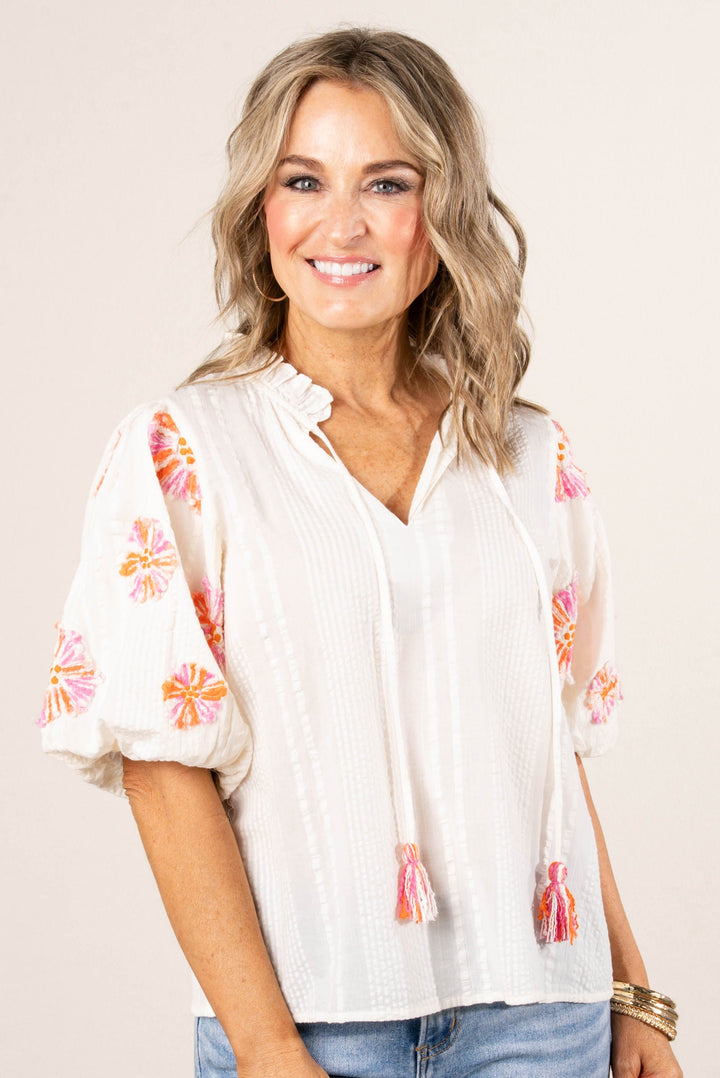 Textured Embroidered Detail Tie Neck Top