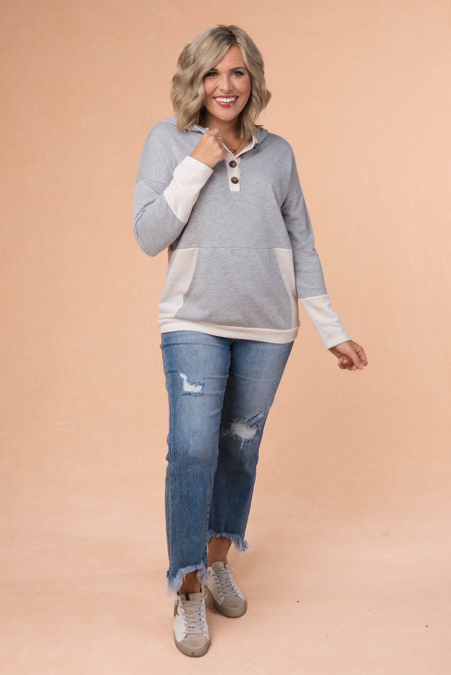 Reverse Knit Henley Hooded Top *Final Sale*