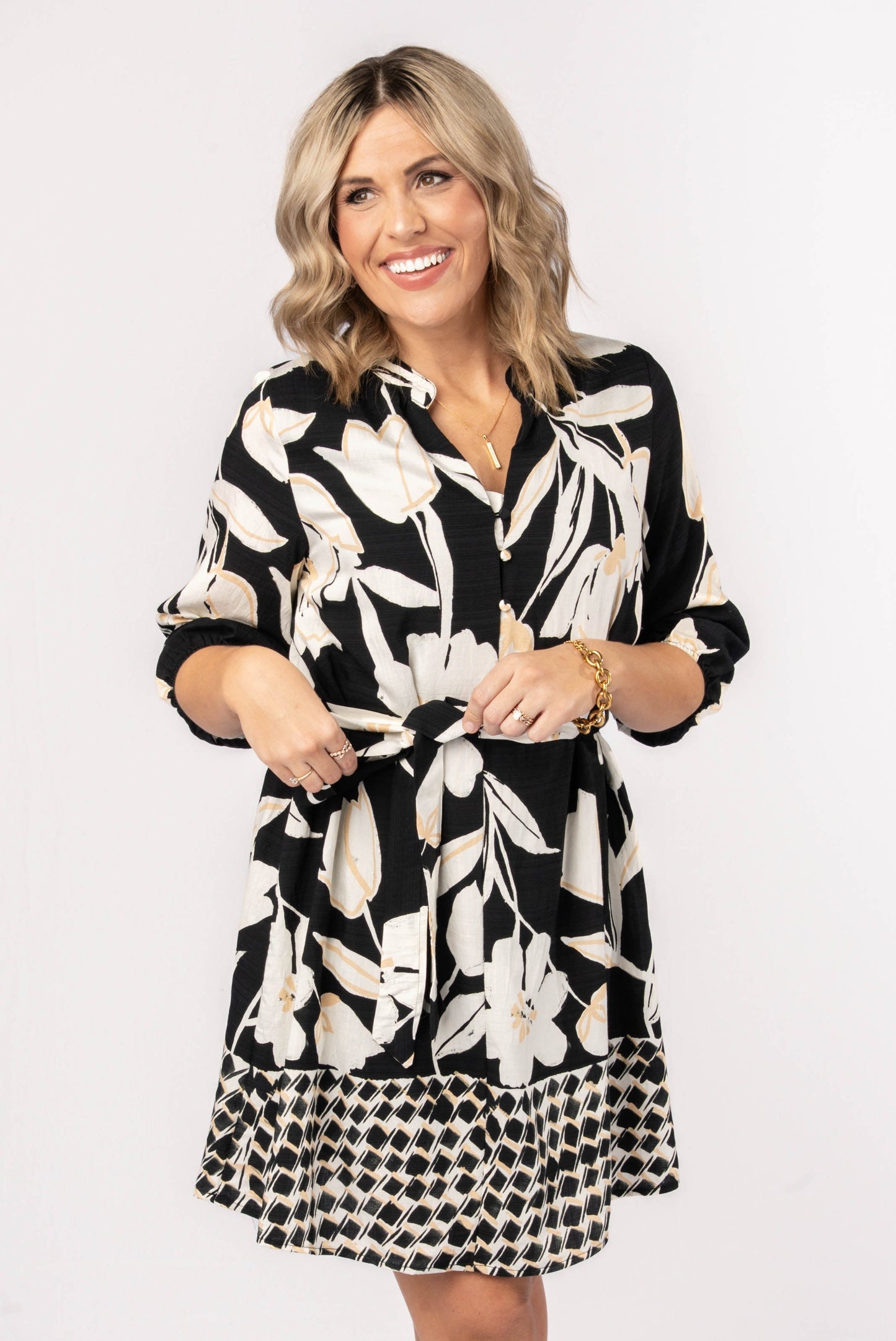 Floral Border Print Belted Dress