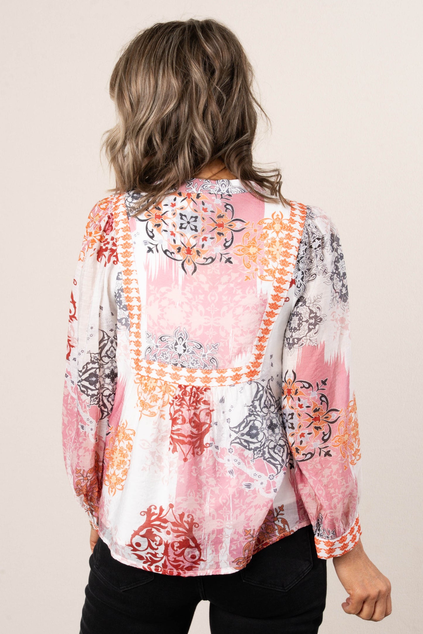 Ornate Tie Neck Peasant Blouse