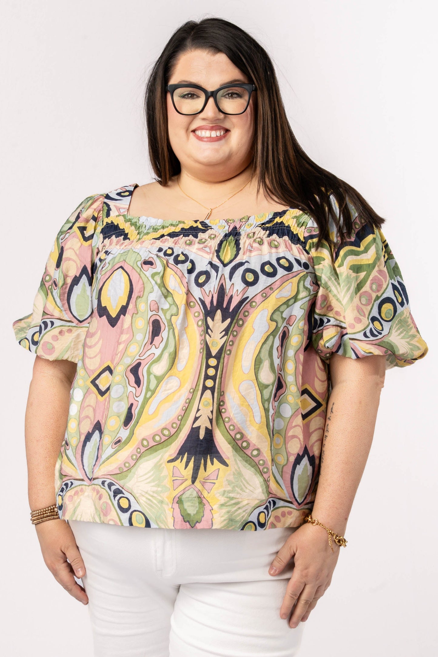 Abstract Smocked Square Neck Top