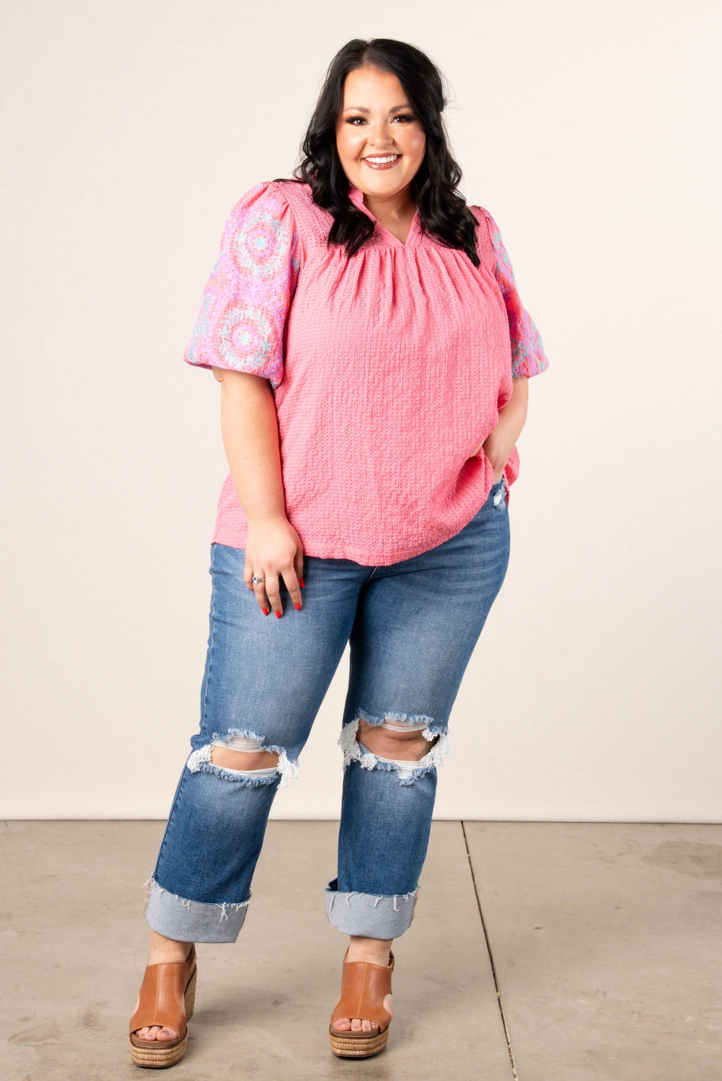 Seersucker Embroidered Sleeve Top
