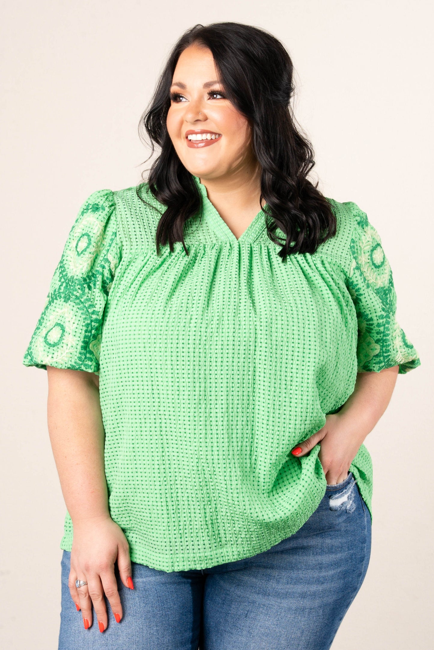 Seersucker Embroidered Sleeve Top