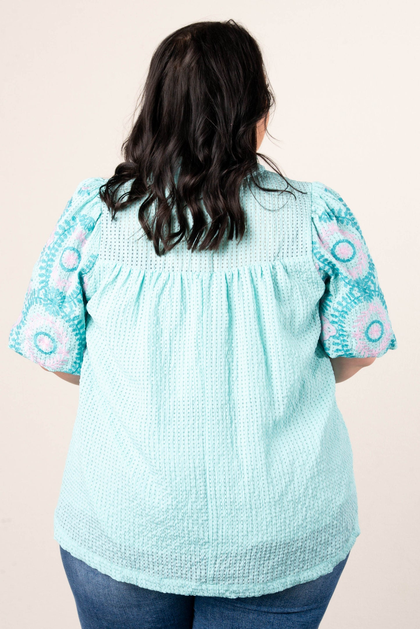 Seersucker Embroidered Sleeve Top