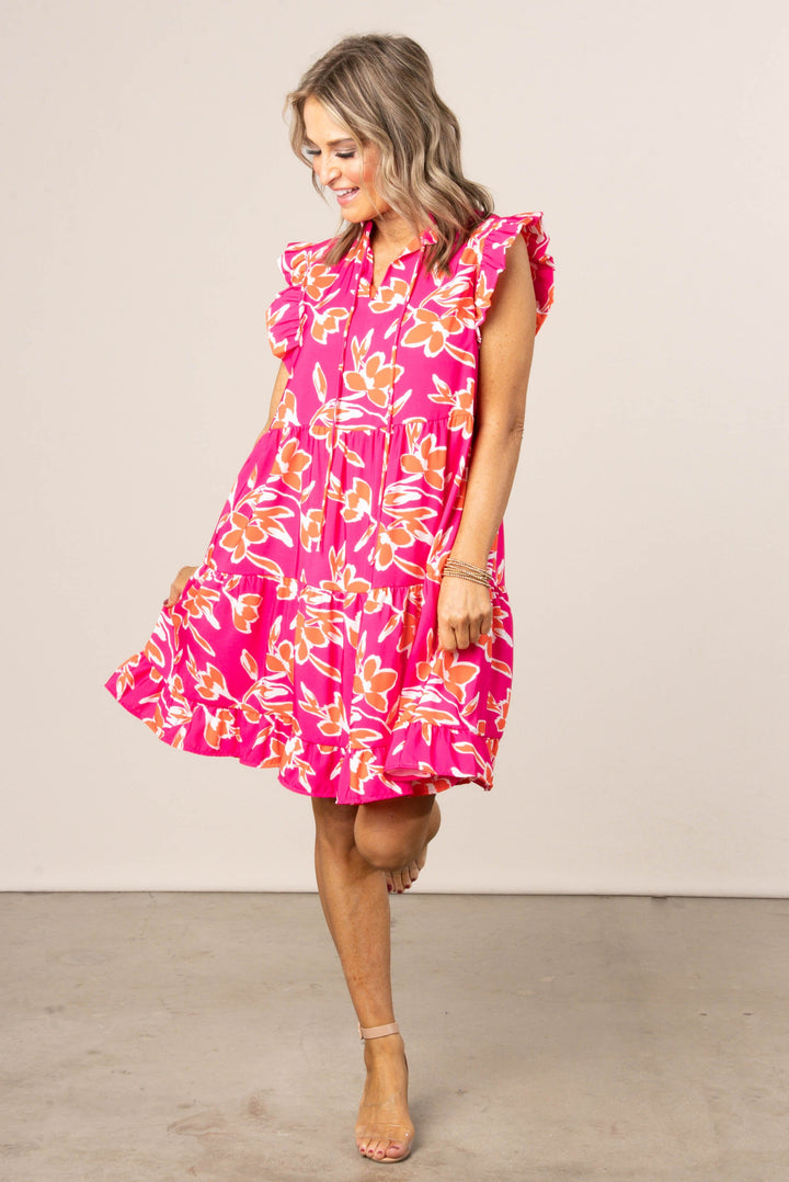 Floral Ruffle Tie Neck Dress