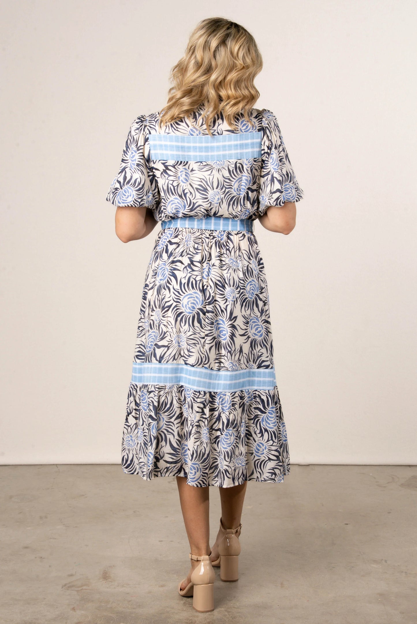 Mixed Print Belted Midi Dress Navy