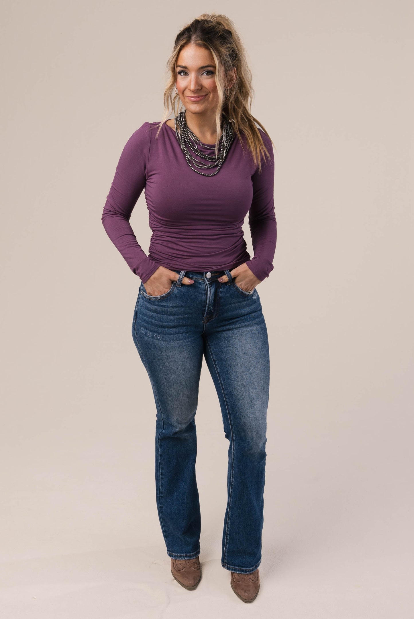 Side Ruched Boat Neck Top