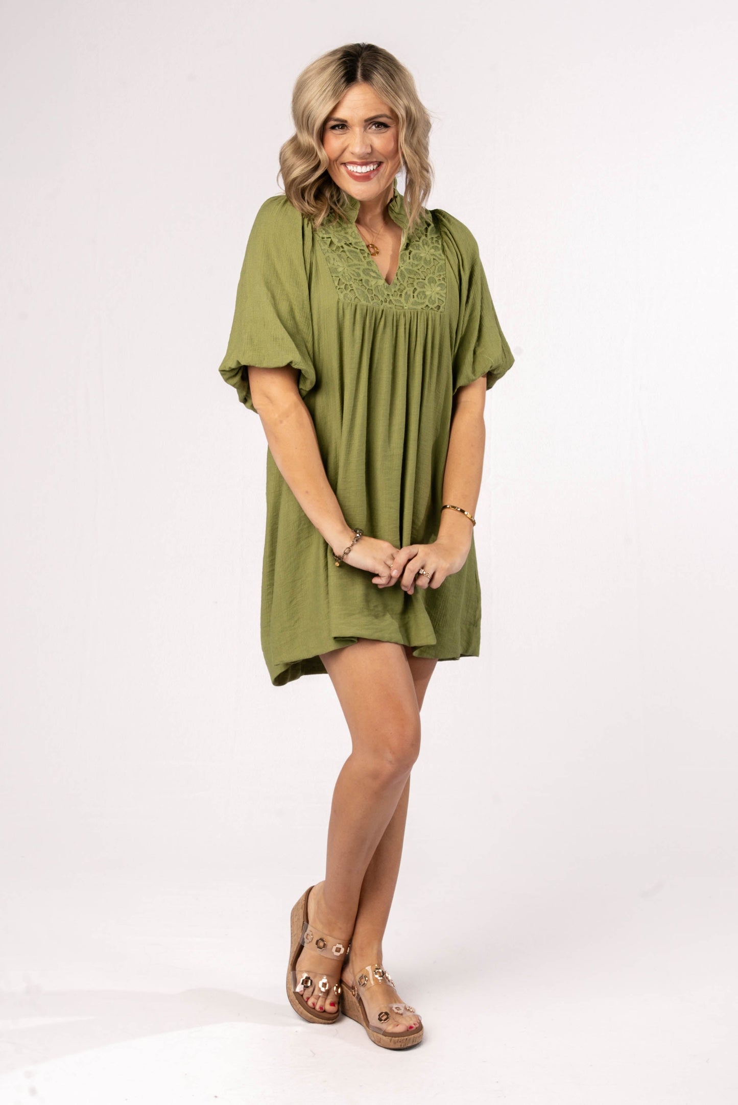 Lace Bodice Frill Neck Dress