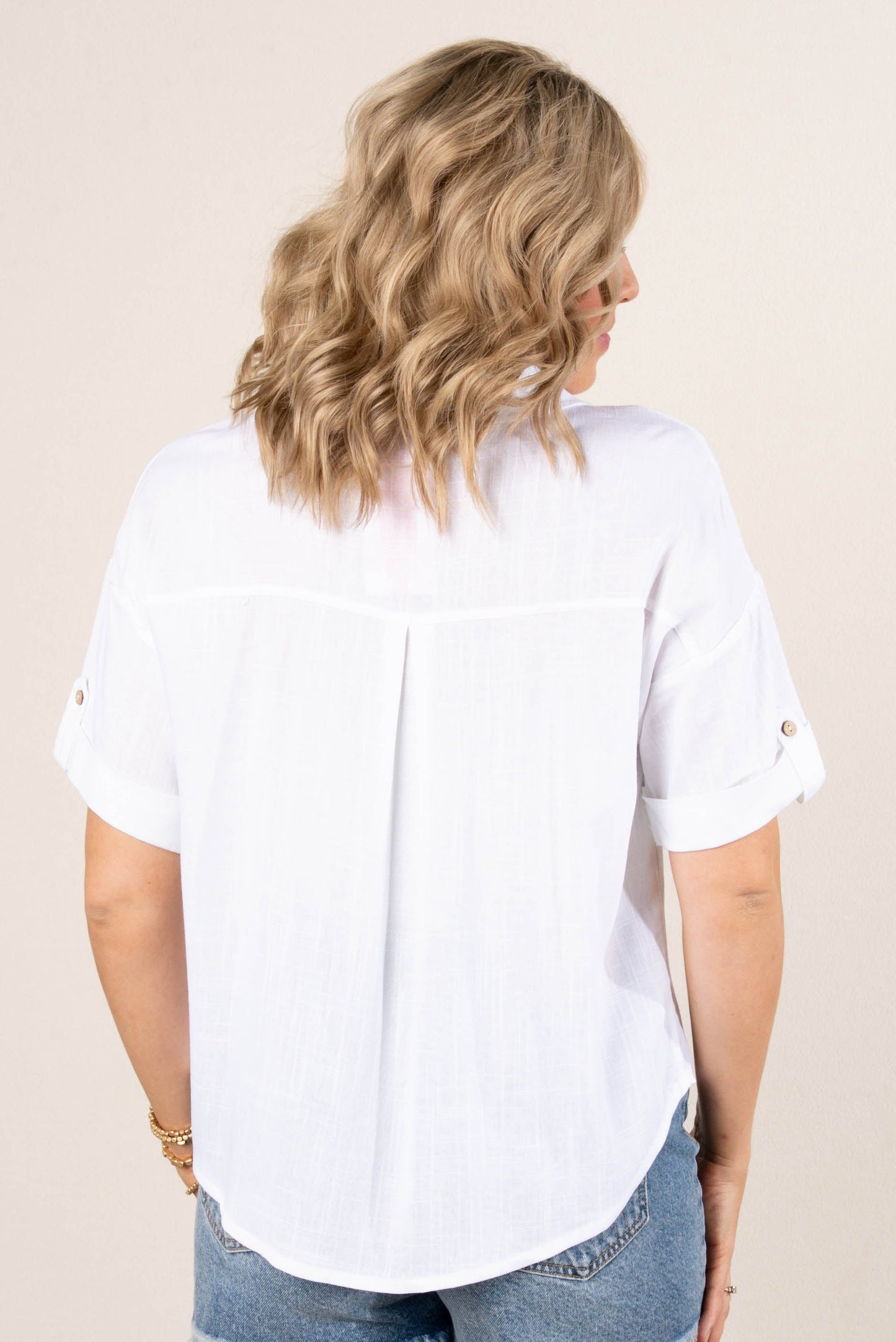 Linen Blend Tab Sleeve Shirt in White