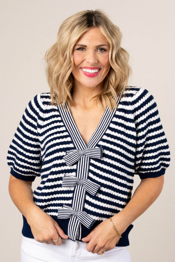 Mixed Stripe Bow Front Cardigan