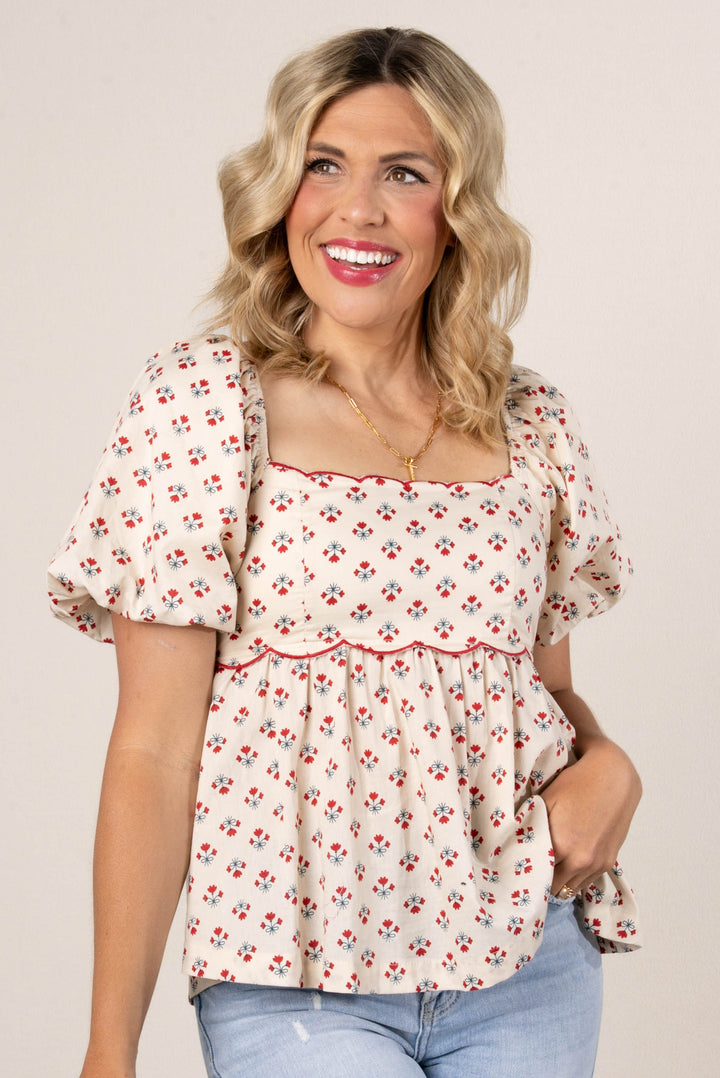 Floral Scallop Trim Babydoll Top
