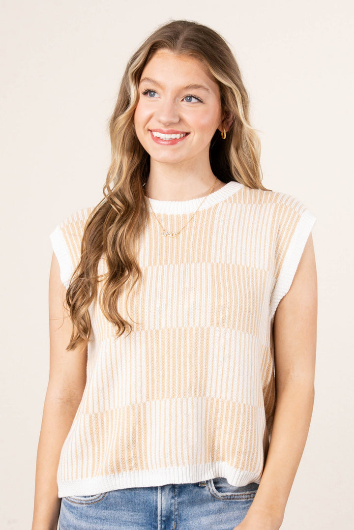 Checkered Stripe Cap Sleeve Sweater