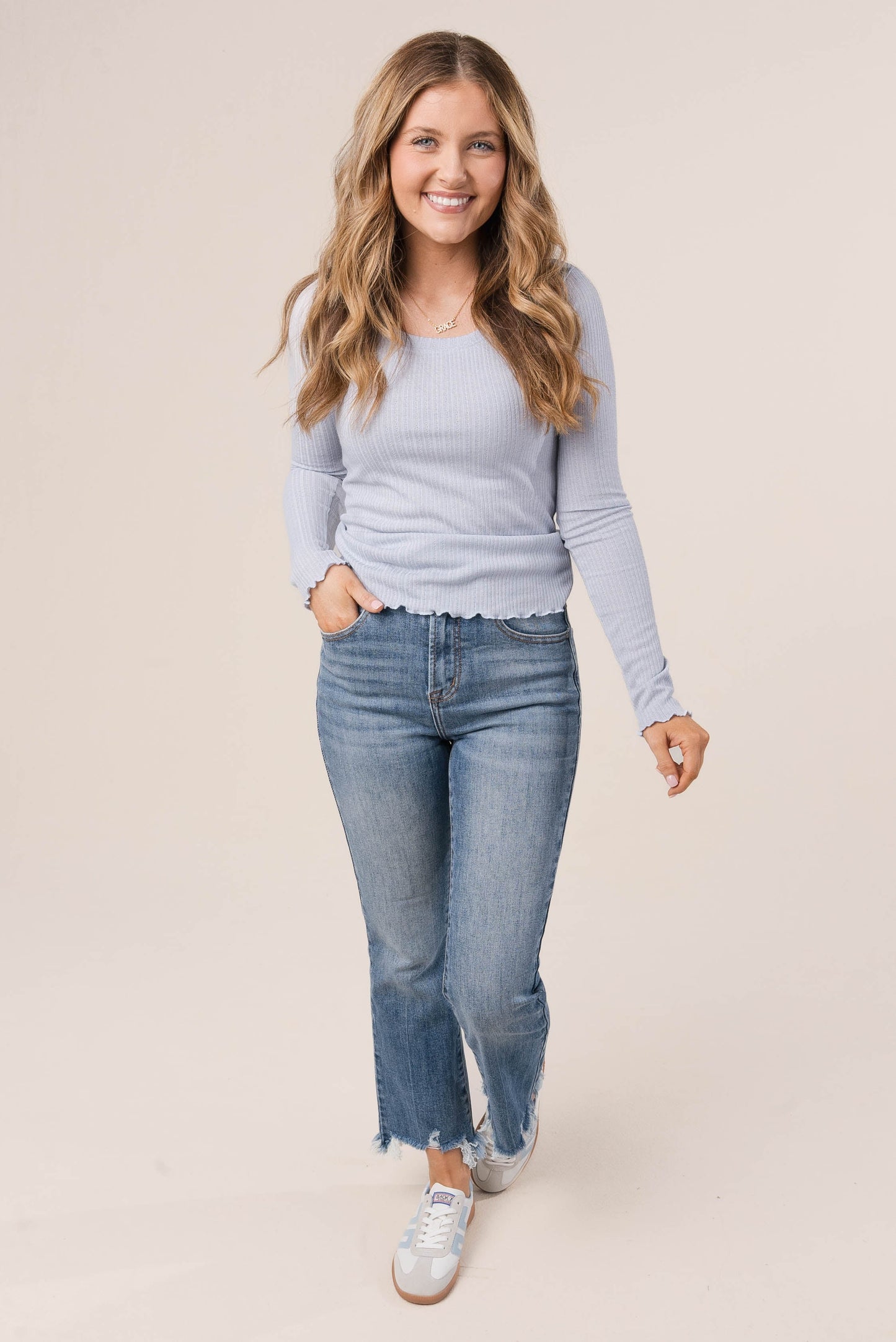 Textured Knit Lettuce Hem Top