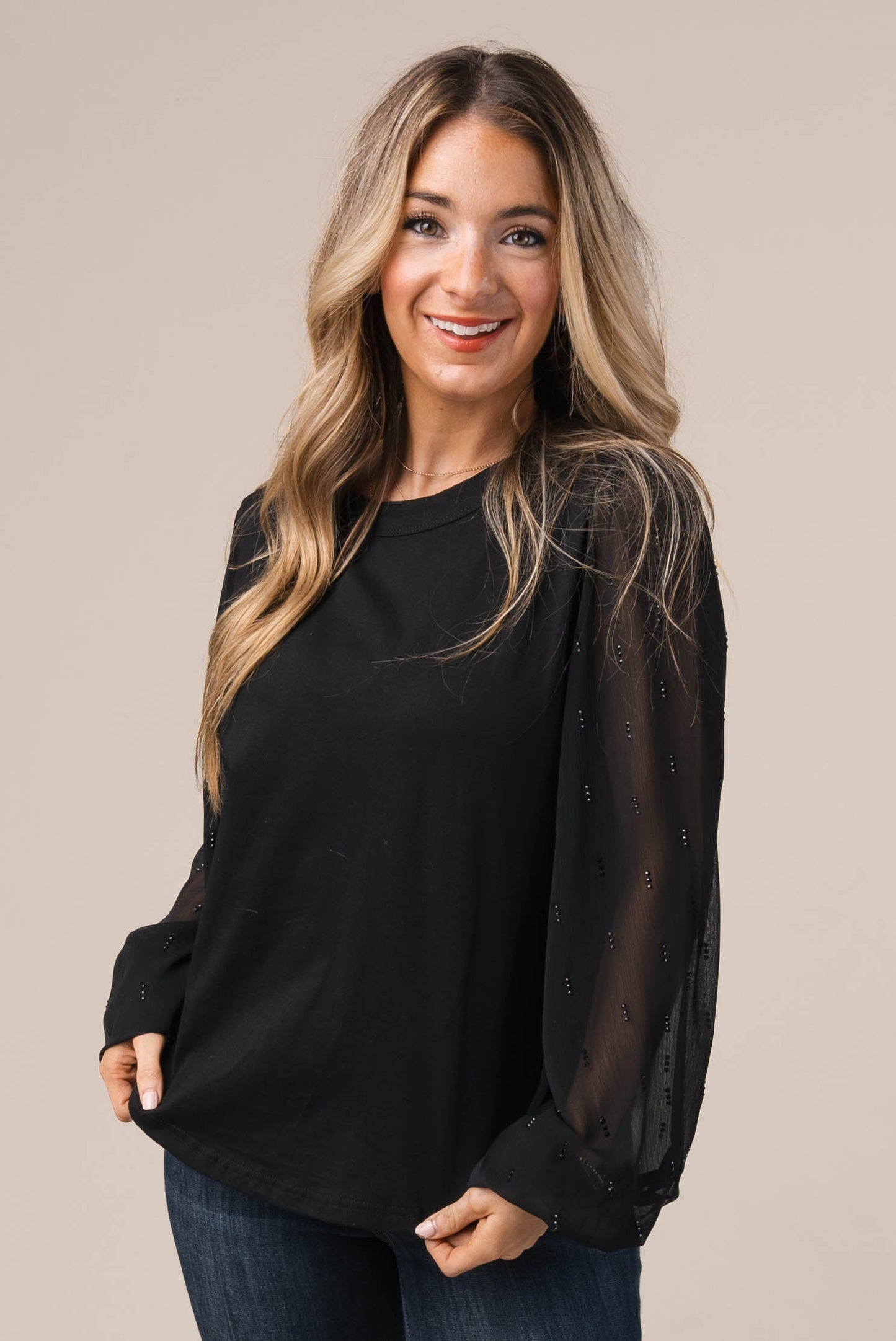 Slub Knit Embellished Sleeve Top *Final Sale*