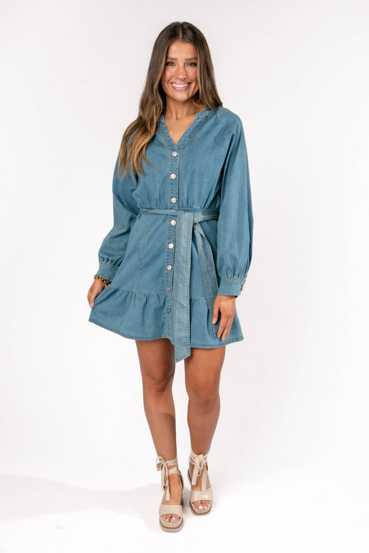 Tiered Hem Belted Denim Dress