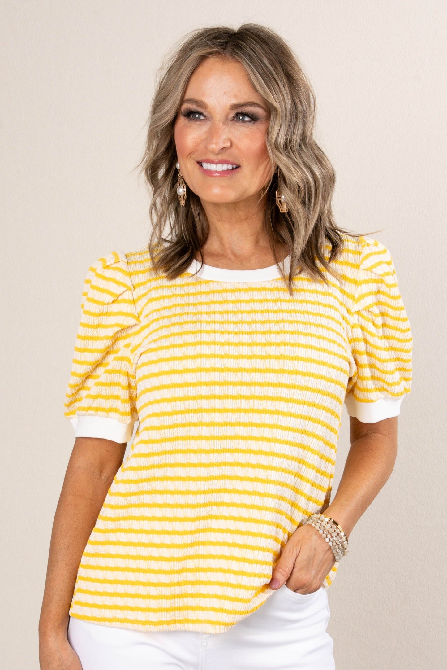 Striped Knit Puff Sleeve Sweater