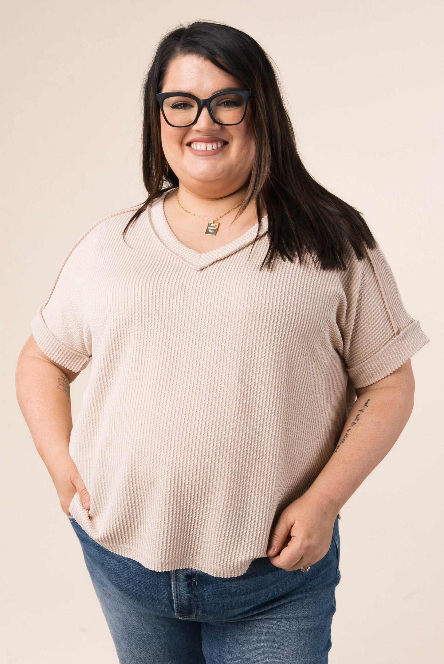 Corded Rib Exposed Seam V-Neck Top