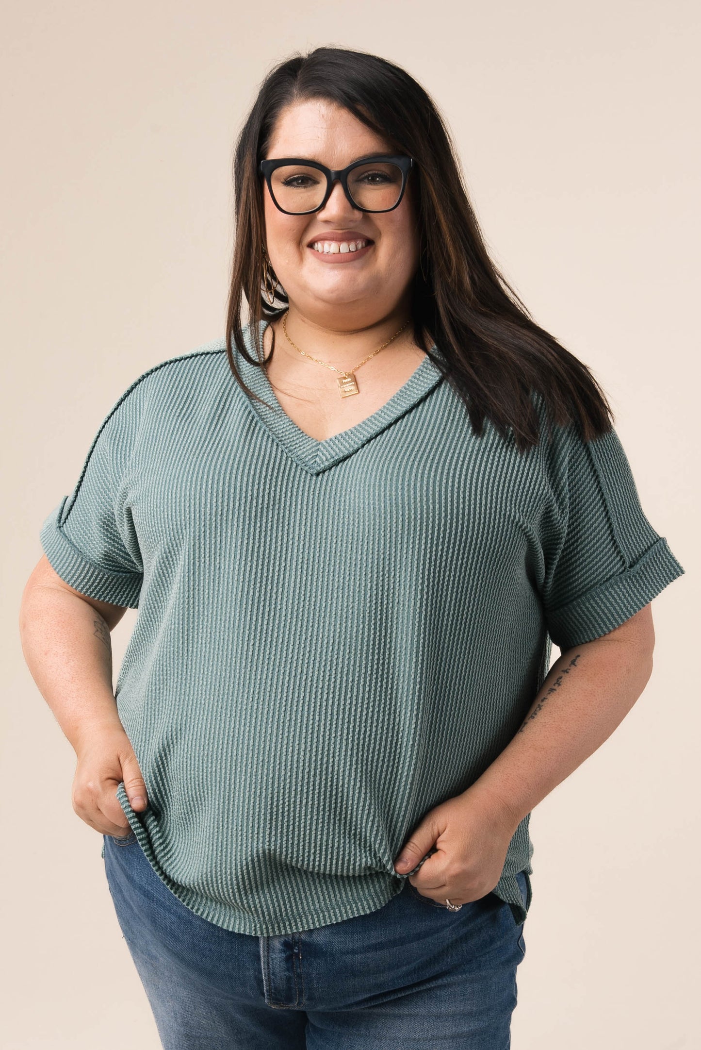Corded Rib Exposed Seam V-Neck Top