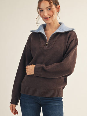 Contrast Color Quarter Zip Sweater