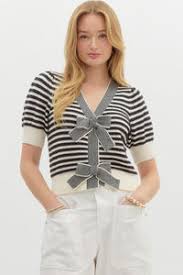 Mixed Stripe Bow Front Sweater