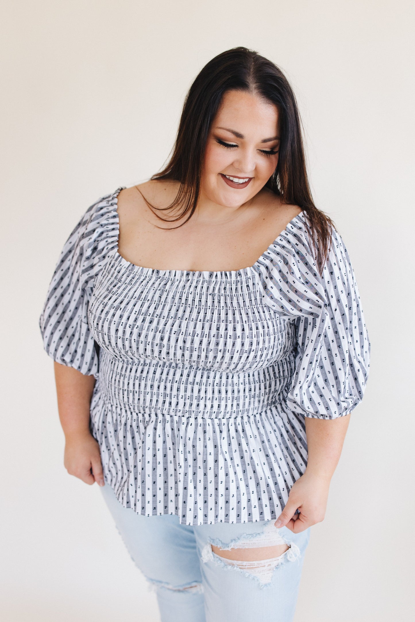 sku29481 | Stripe Swiss Dot Smocked Peplum Top