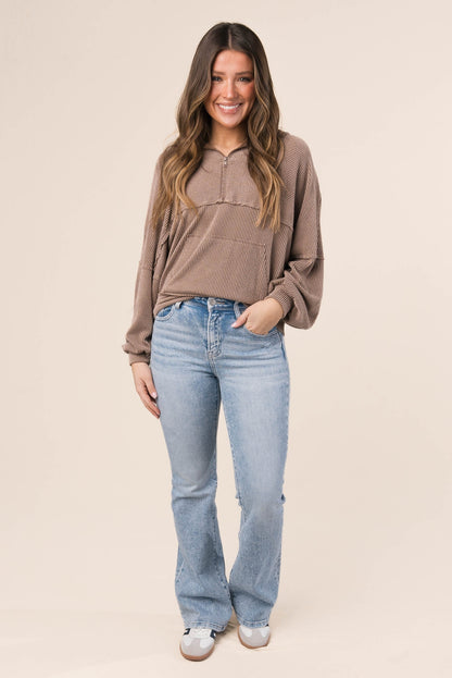 Ribbed Half Zip Hooded Top