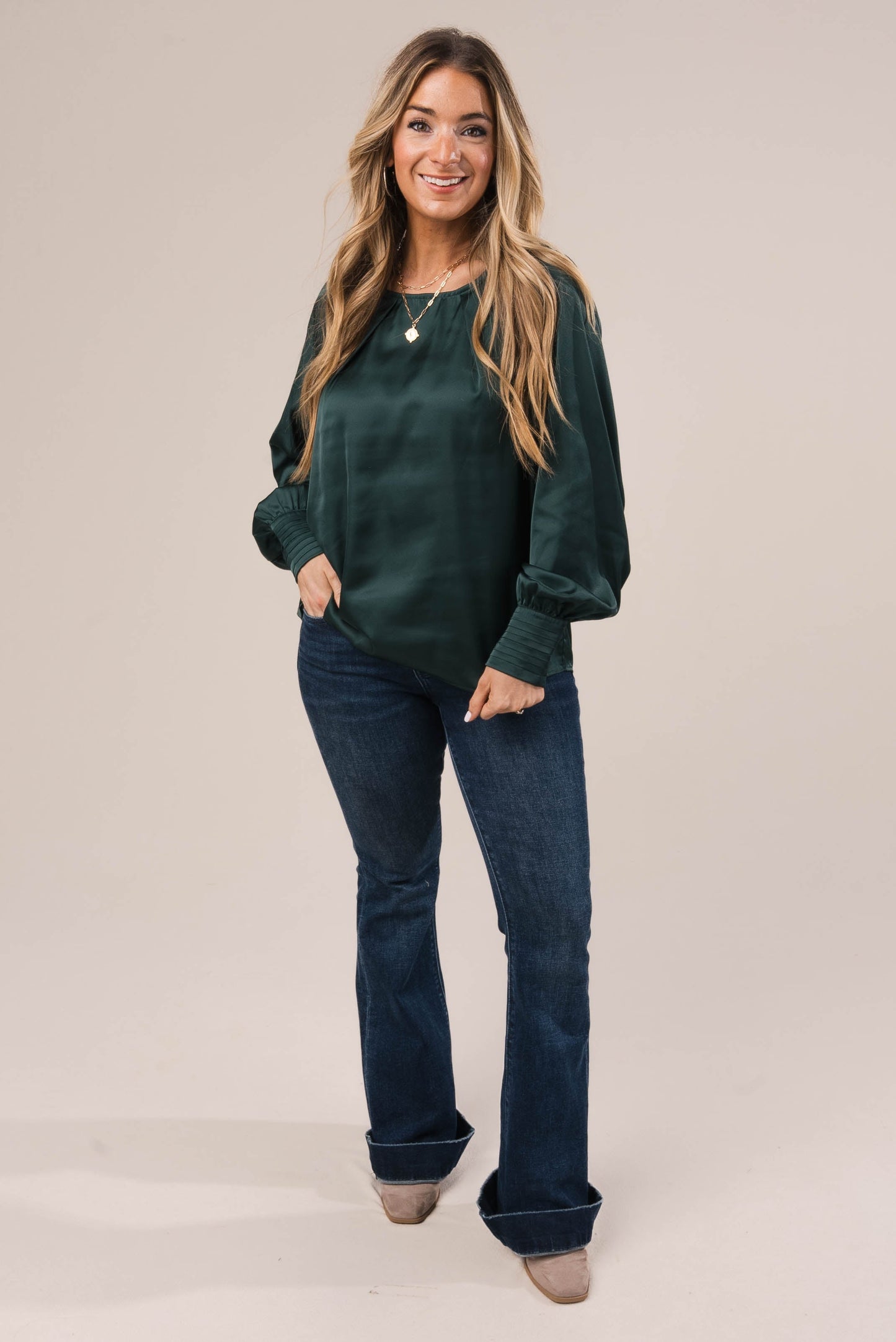 Satin Pleated Button Cuff Blouse *Final Sale*