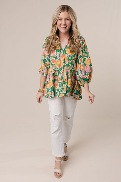 Floral Tie Neck Babydoll Top