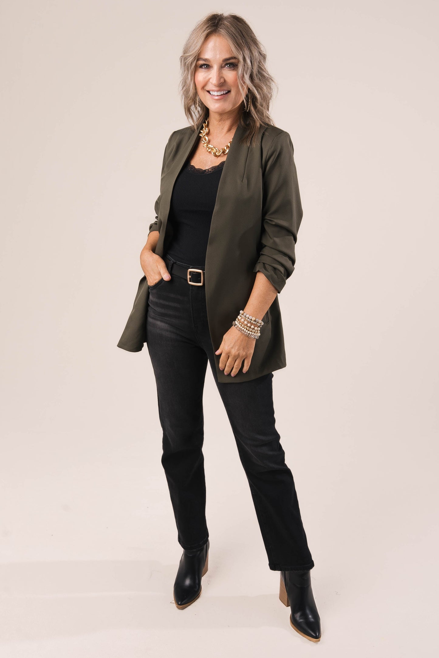 Open Front Ruched Sleeve Blazer