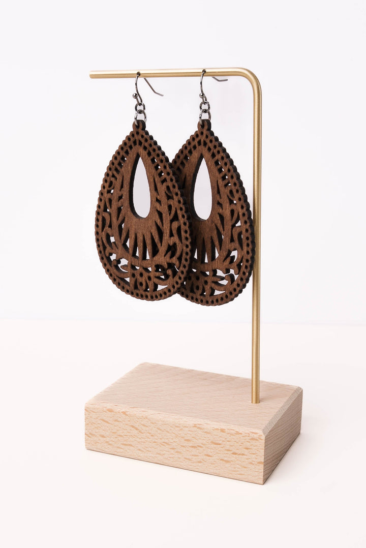 Wood Filigree Teardrop Dangle Earrings