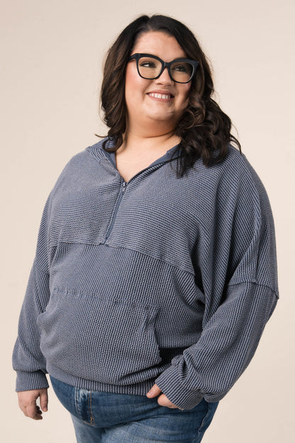 Ribbed Half Zip Hooded Top