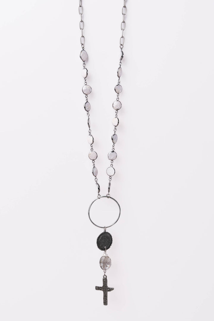 Pearl Chain Cross + Coin Pendant Necklace