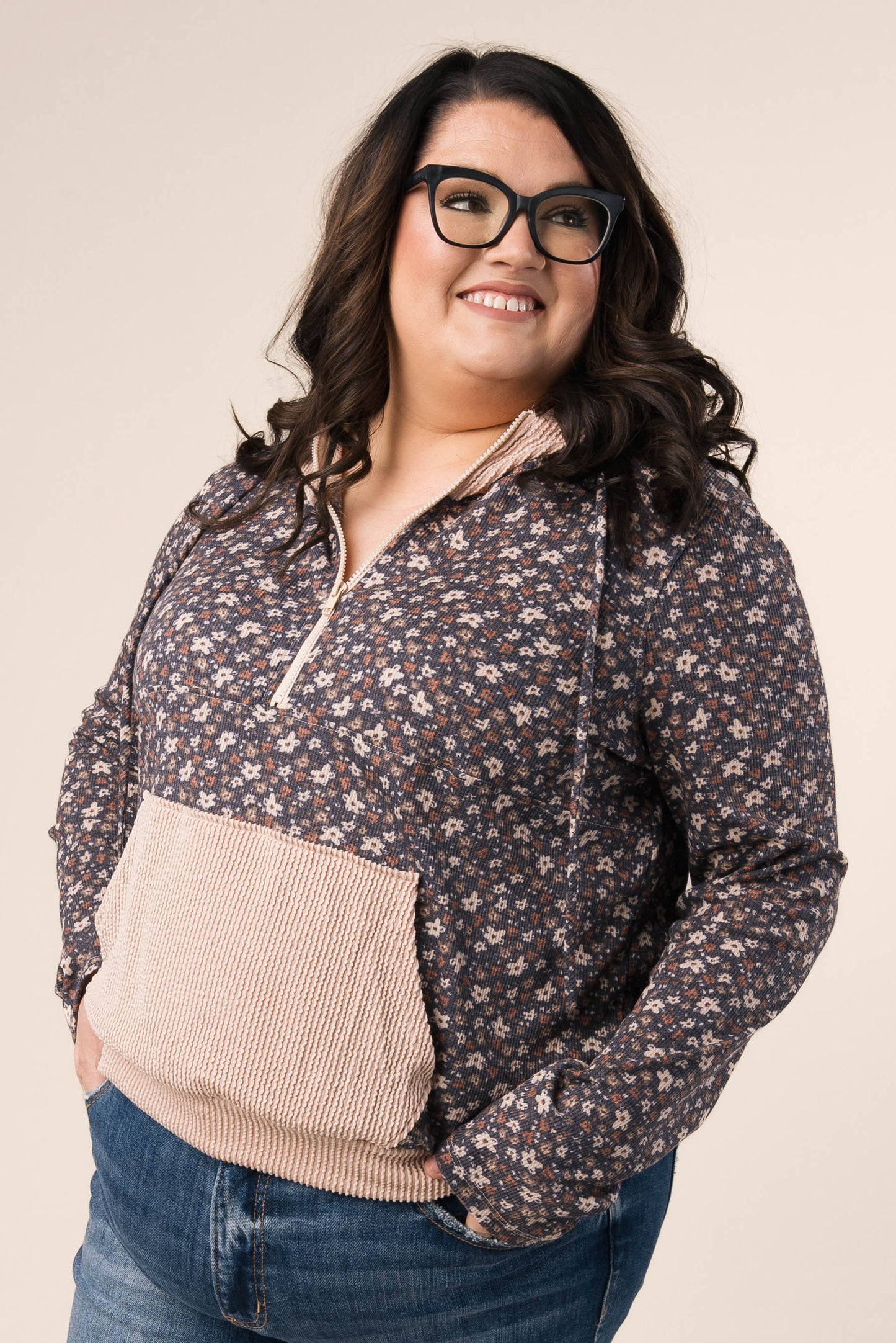Floral Contrast Trim Half Zip Hooded Top
