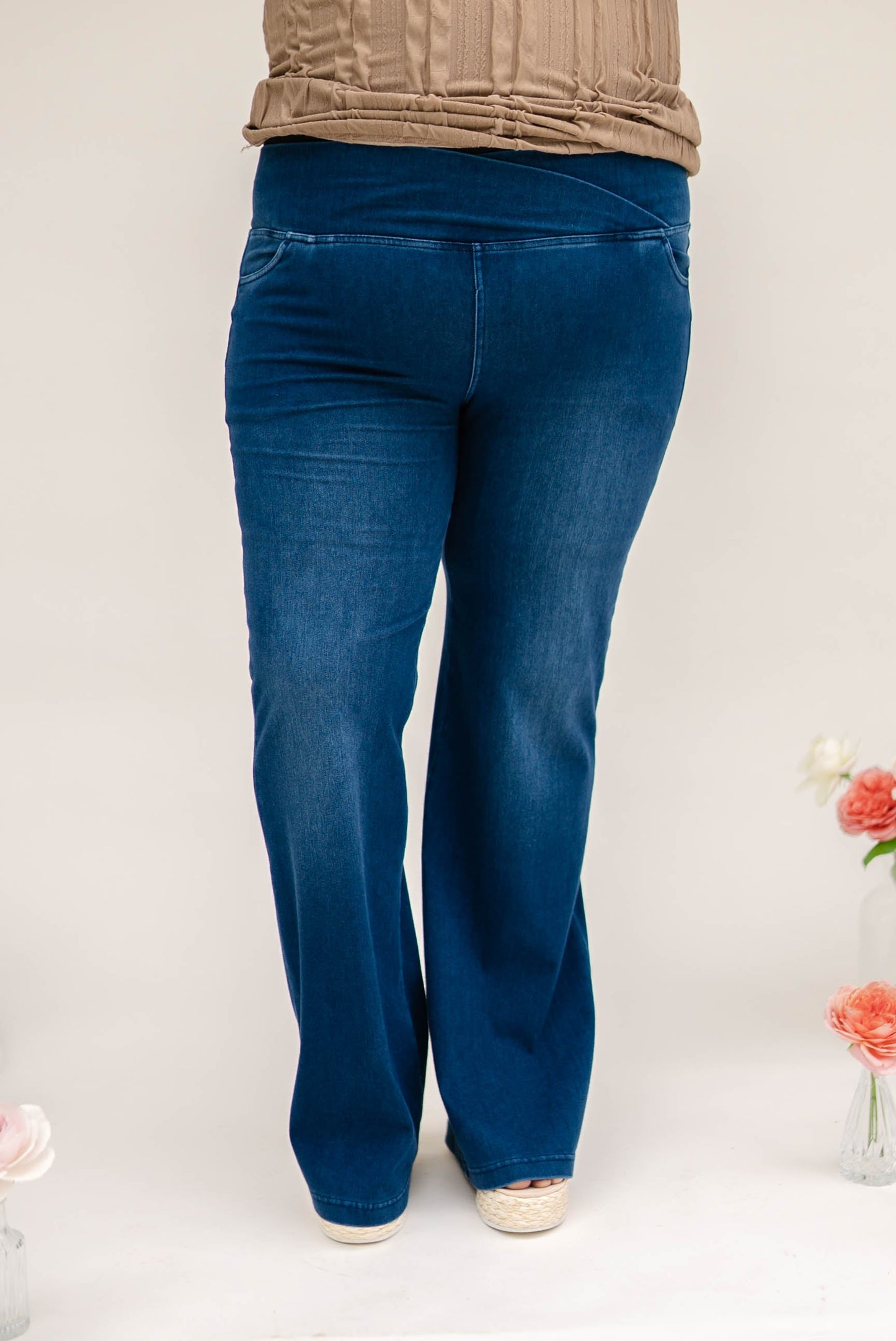 Pull-On High Crossover Waist Flare Jeans *Final Sale*