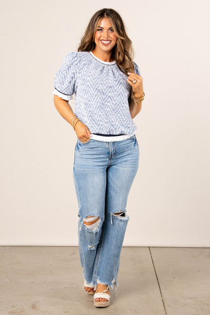 Textured Chevron Ruffle Trim Top