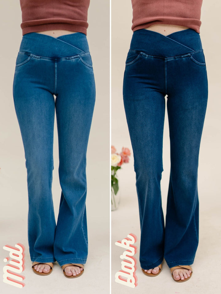 Pull-On High Crossover Waist Flare Jeans *Final Sale*