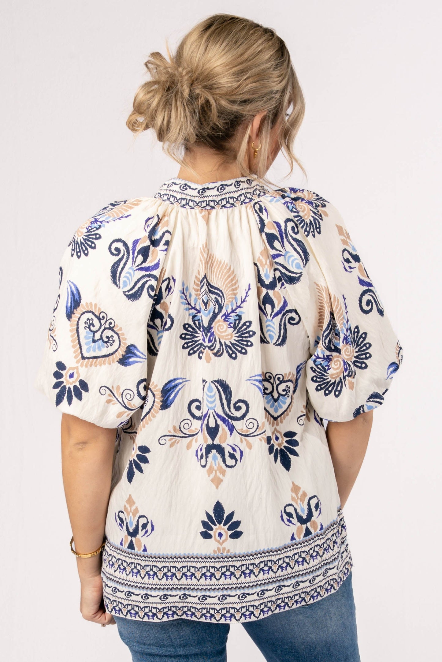 Mixed Print Stand Collar Blouse